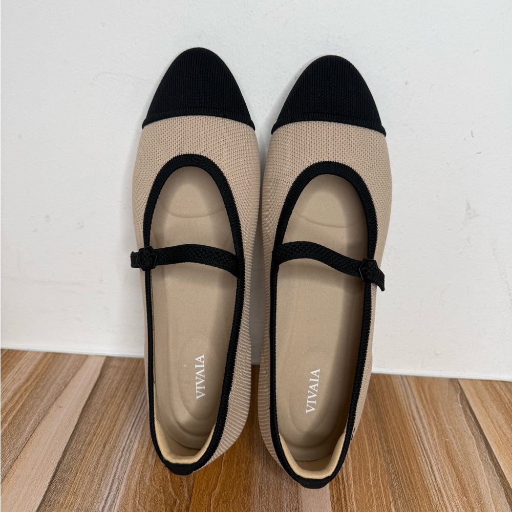 Vivaia Tamia Women’s US Size 10 Mary Jane Flats Loafers Almond Toe Beige Black - Picture 4 of 14